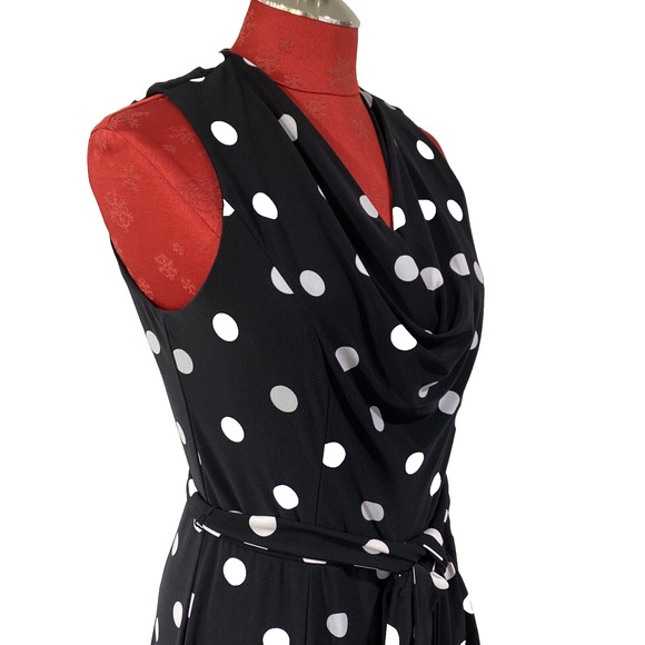 Lauren Ralph Lauren Black White Polka Dot Cocktail Dress Sleeveless 10 Waist Tie - Picture 6 of 10